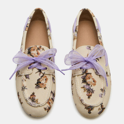 Women's Beige Lace Up Closed Toe Grommet Loafer Flats with Flowers