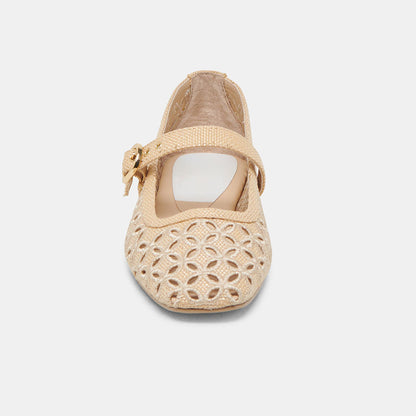 Beige Raffia Woven Square Toe Cut-Out Buckle Strap Ballet Flats