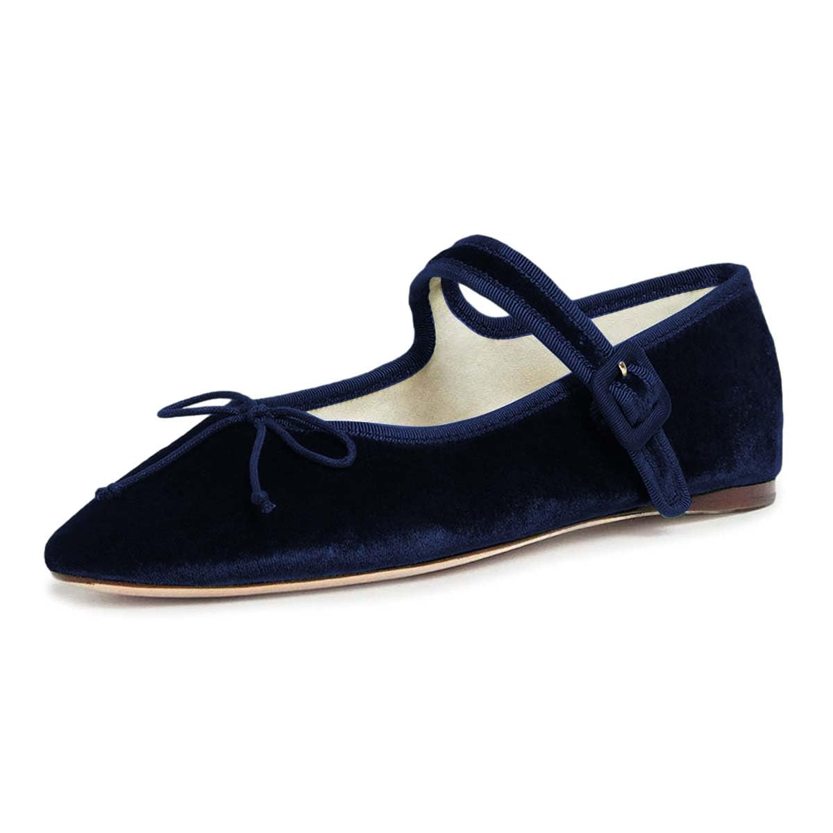 Navy Velvet Bow Tie Round Toe Ballet Flats with Buckle Strap