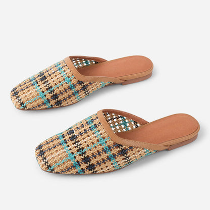 Colorful Woven Square Toe Cut-Out Flat Mule Shoes for Women