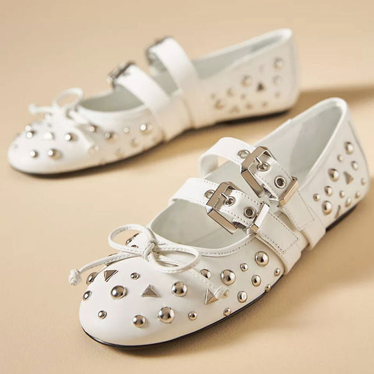 White Round-Toe Buckled Straps Studded Flats with Bow Decor