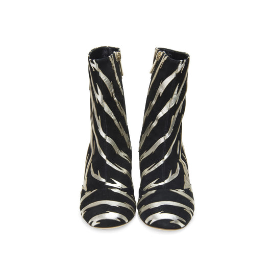 Black & Champagne Block Heel Round Toe Ankle Boots