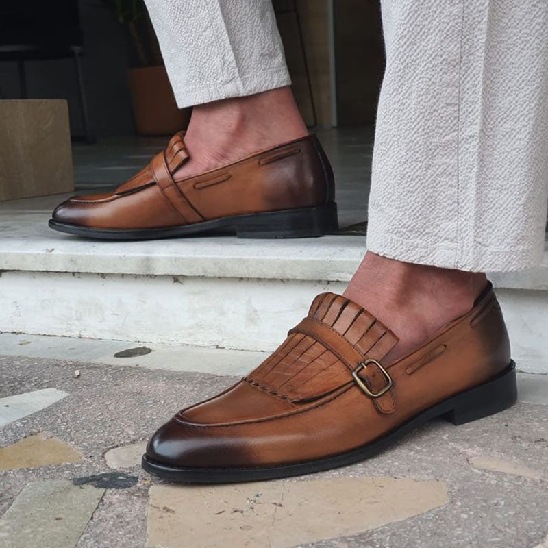 Vintage Brown Gradient Buckle Strap Fringe Flats Women's Loafers