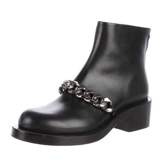 Black Retro Round Toe Chain Chunky Heels Ankle Boots