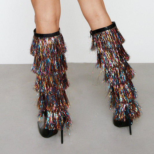 Black Patent Leather Stiletto Multi-Layered Fringe Knee High Boots
