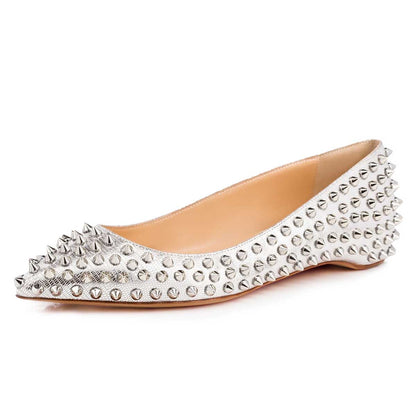 Metallic Silver Lizard Embossed Women's Pointed Toe Flats with Rivets