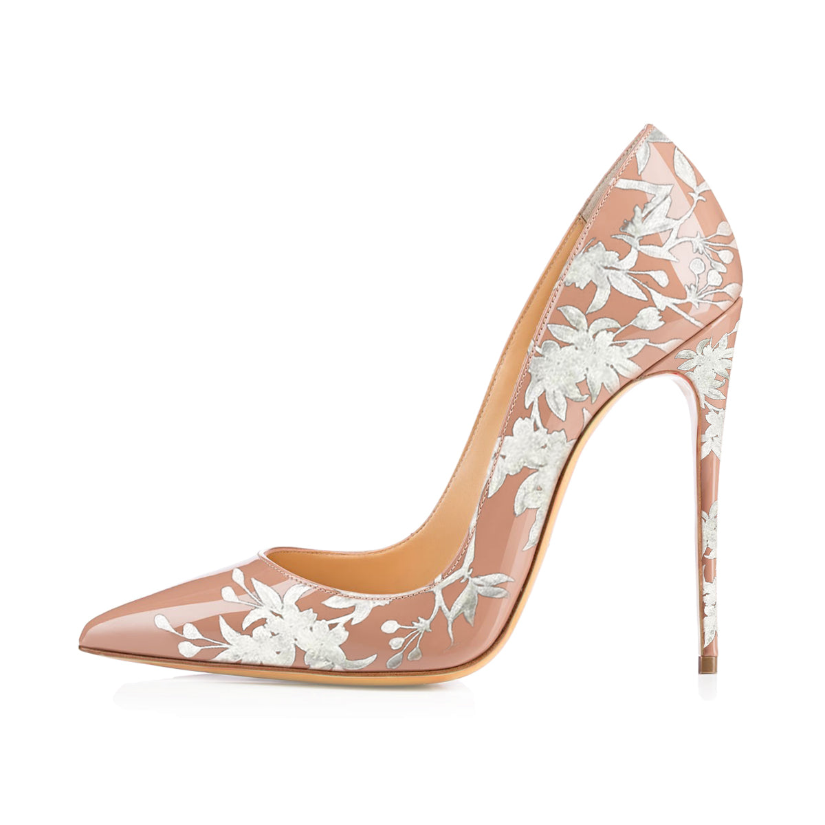 Women's Elegant Blush Patent Leather Pointed Toe Floral Pumps Heels