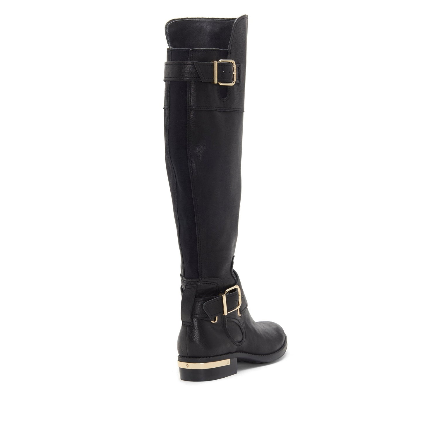 Women's Round Toe Buckle Strap Flat Knee High Boots in Black