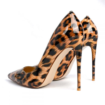 Women's Leopard Print Stiletto Heels Patent Leather Pointed Toe Pumps