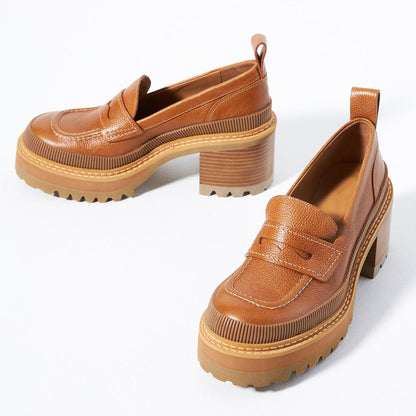 FSJ Brown Round Toe Chunky Heel Platform Loafers for Women