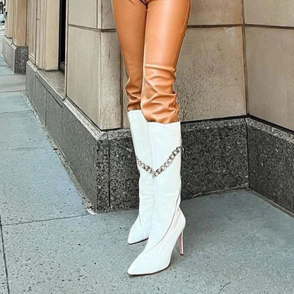 White Zipper Design Stiletto Mid Calf Boots with Chain Decor