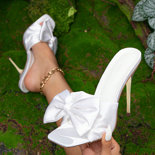 White Satin Square Toe 5'' Stiletto Heel Mule Sandals with Bow