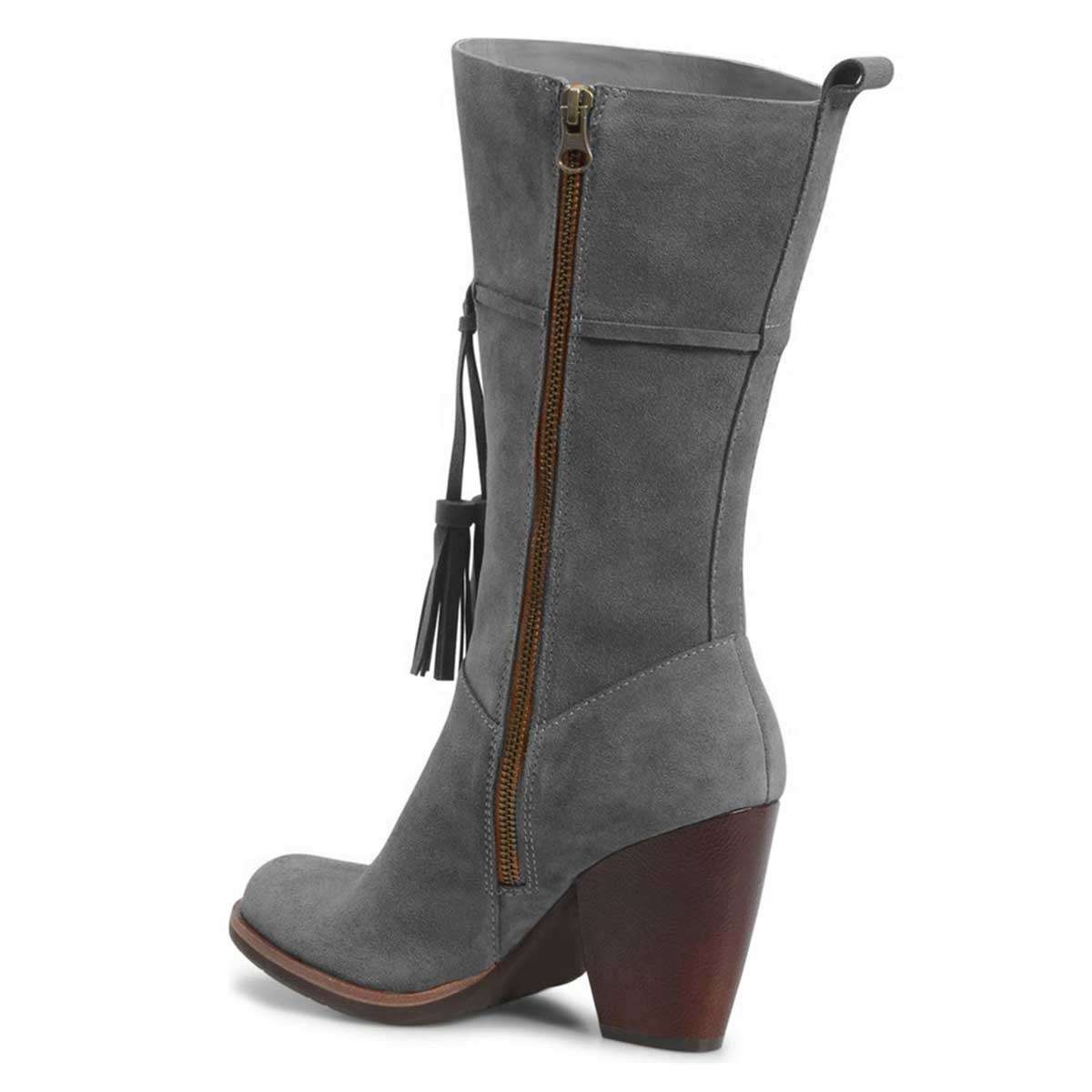 Grey Closed Toe Tasseled Tie Front Chunky Heel Women's Mid Calf Boots