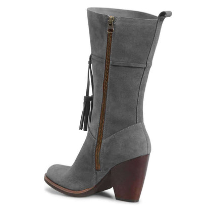 Grey Closed Toe Tasseled Tie Front Chunky Heel Women's Mid Calf Boots