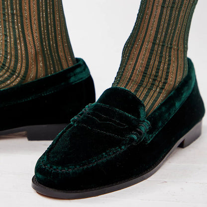 Green Velvet Round Toe Chunky Heel Slip-On Loafers