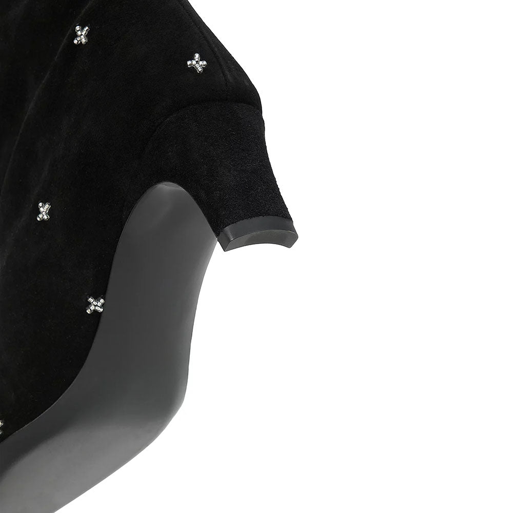 Black Beaded Square Toe Gem Decor Chunky Heel Knee High Boots