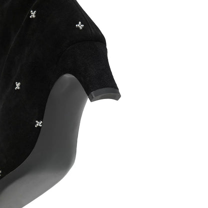 Black Beaded Square Toe Gem Decor Chunky Heel Knee High Boots