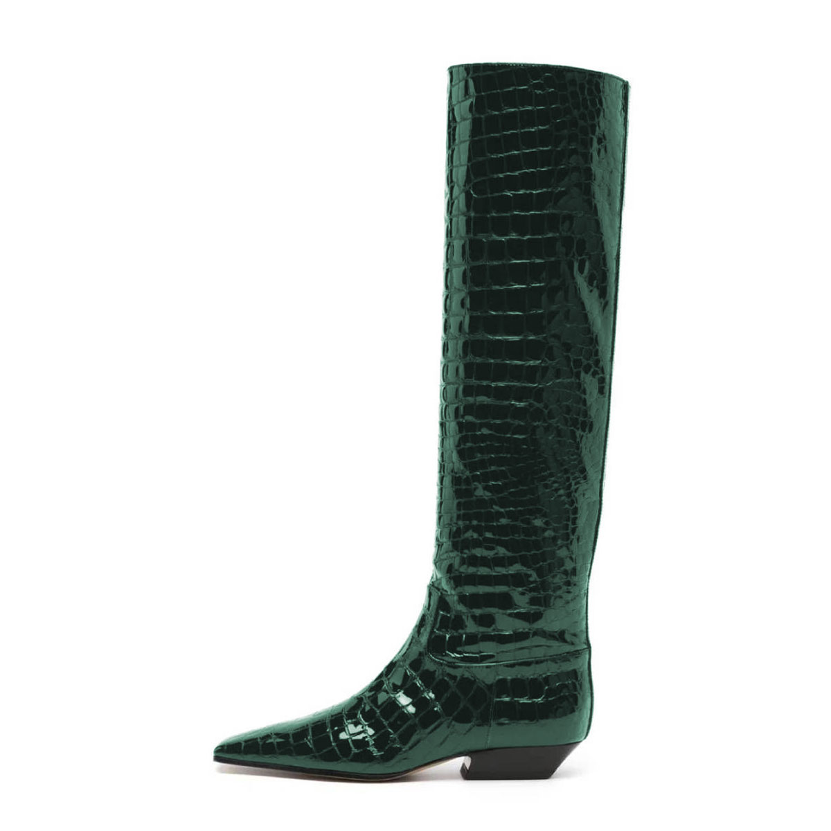 Green Crocodile Embossed Square Toe Low Heel Knee High Boots for Women
