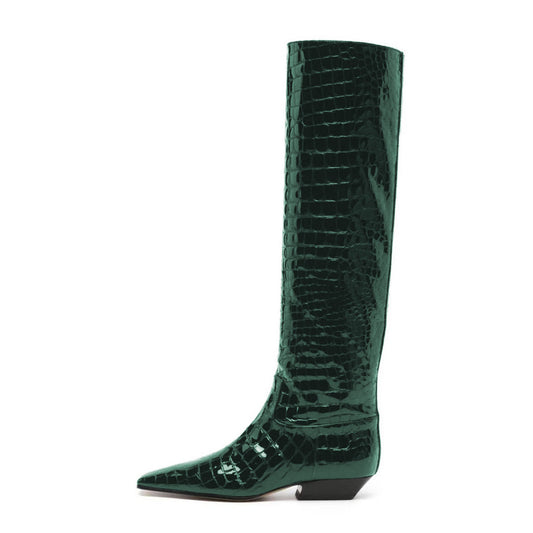Green Crocodile Embossed Square Toe Low Heel Knee High Boots for Women