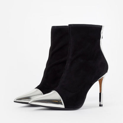Black and Silver Pointed Toe Sculptural Heel Ankle Boots with Zip