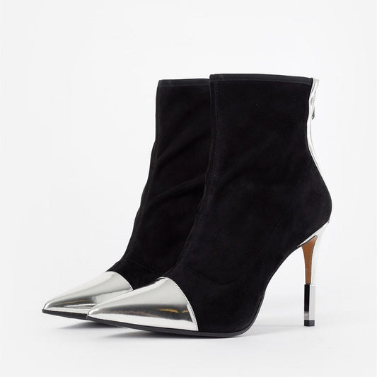 Black and Silver Pointed Toe Sculptural Heel Ankle Boots with Zip
