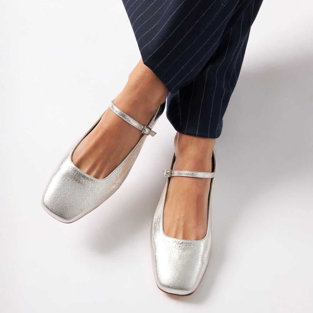 Silver Vegan Leather Distressed Square Toe Buckle Strap Ballet Flats