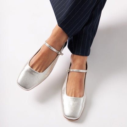 Silver Vegan Leather Distressed Square Toe Buckle Strap Ballet Flats