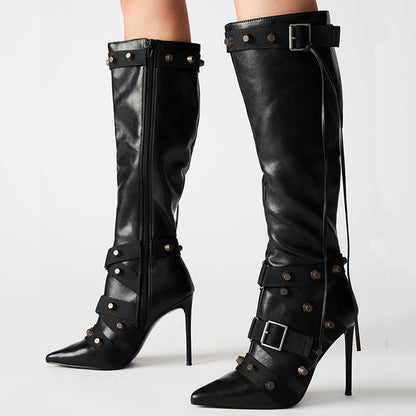 Black Pointed Toe Stiletto Heel Zipper Studs Knee High Boots