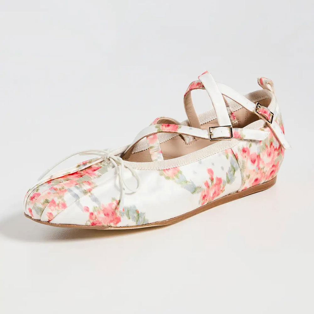 White Floral Print Satin Crisscross Buckled Straps Bow Ballet Flats