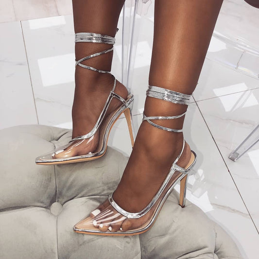 Women's Transparent PVC Pointed Toe Silver Wrap Strappy Pumps Heels
