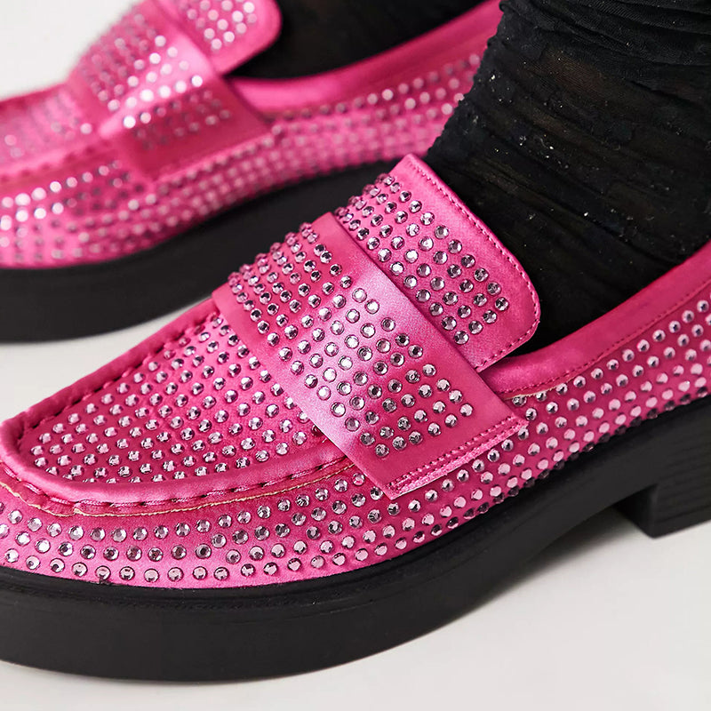 Pink Satin Round Toe Rhinestone Shoes Slip-on Chunky Loafers for Women
