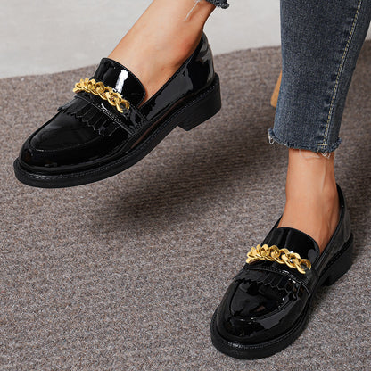 Black Patent Leather Rounded Toe Block Heel Loafers with Gold Chain