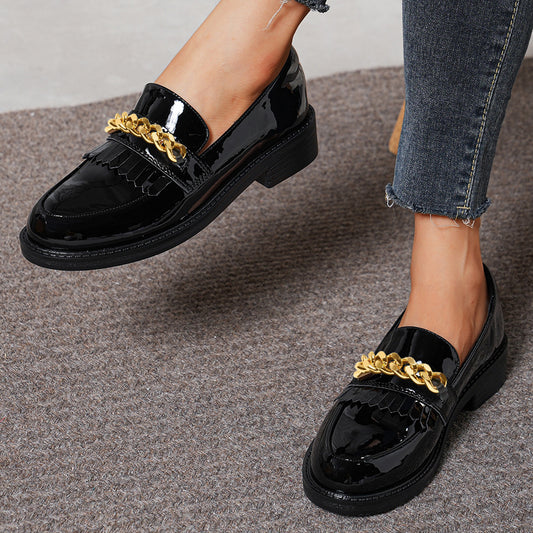 Black Patent Leather Rounded Toe Block Heel Loafers with Gold Chain
