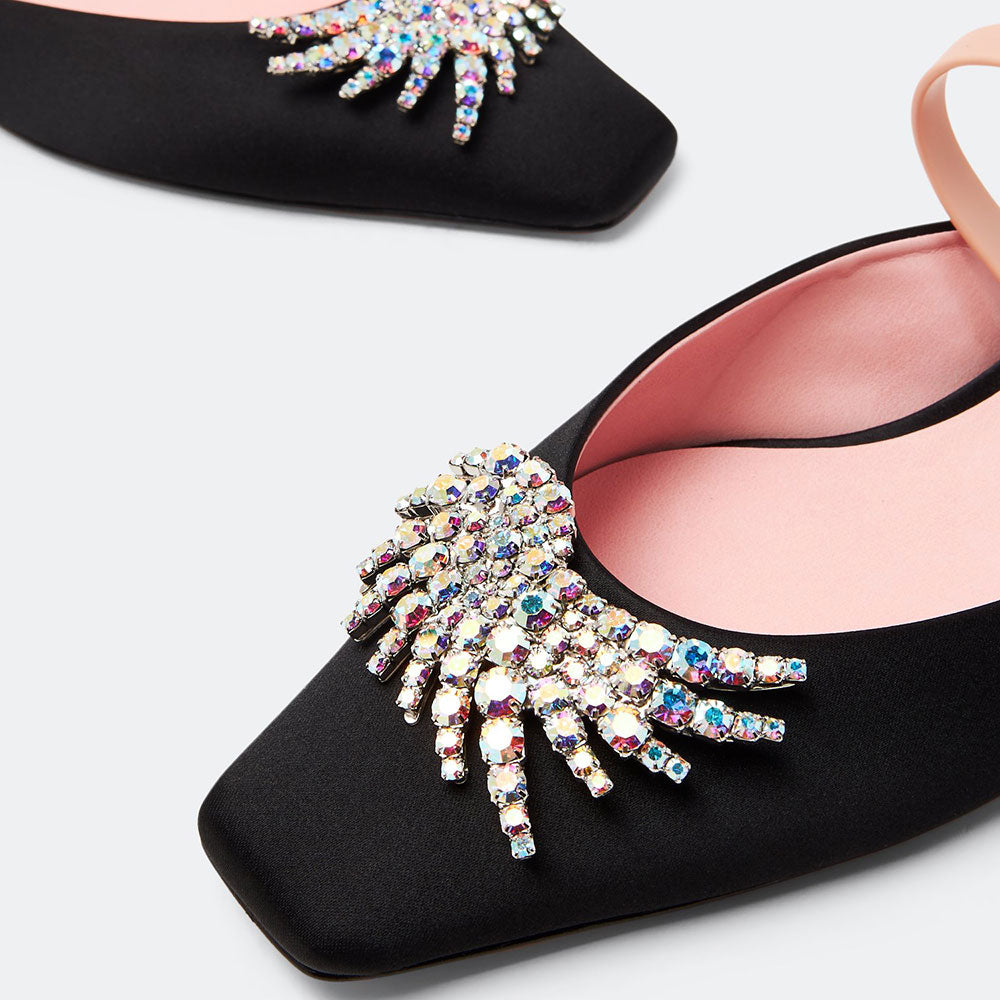 Black Satin Square Toe Rhinestone Embellished Mule Flats with Strap