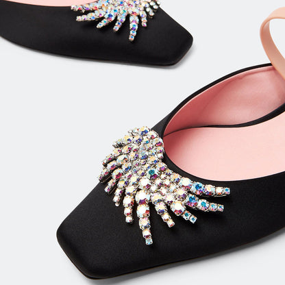 Black Satin Square Toe Rhinestone Embellished Mule Flats with Strap