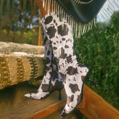 Women's Pointed Toe Cow Print Side Zipper Flared Heel Mid Calf Boots