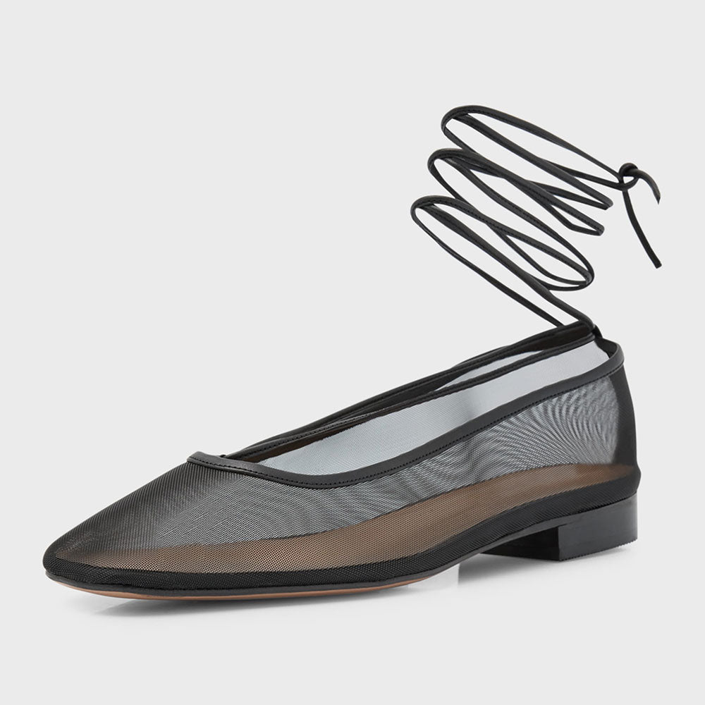 Stylish Black Mesh Square Toe Wrap-Around Ankle Tie Ballet Flats