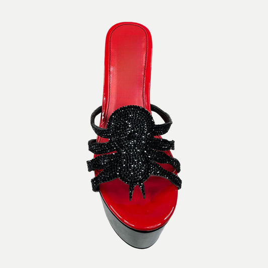 Black and Red Open Round Toe Rhinestone Spider Platform Mules