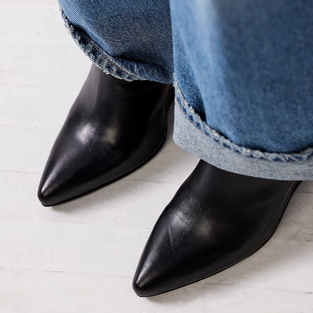 Women's Black Pointed Toe Ankle Boots Zip Wedge Heel Booties