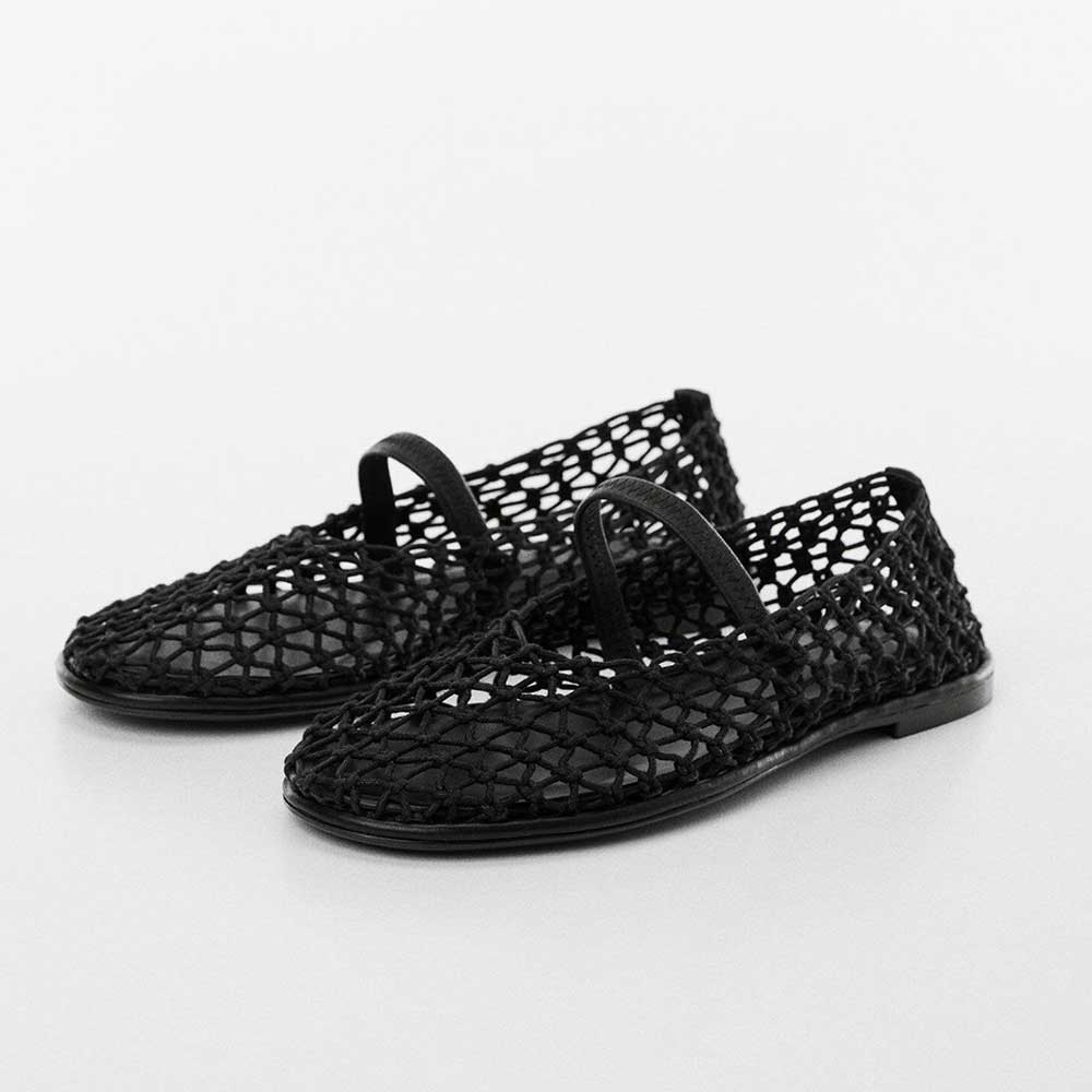 Black Textile Woven Round Toe Vegan Leather Strap Ballet Flats