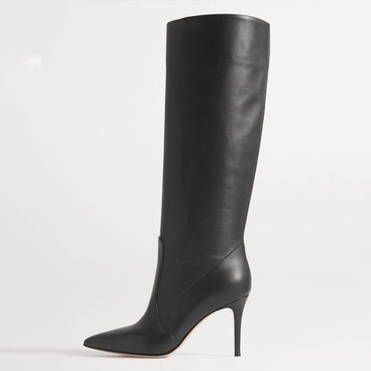 Black Vegan Leather Pointed Toe Stiletto Heel Pull-On Knee High Boots