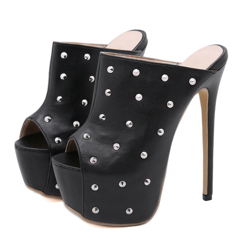 All Black Peep Toe Studded High Heel Mules Slip On Platform Shoes
