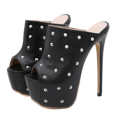 All Black Peep Toe Studded High Heel Mules Slip On Platform Shoes