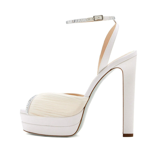 White Pleated Peep Toe Rhinestone Platform High Heels Sandals