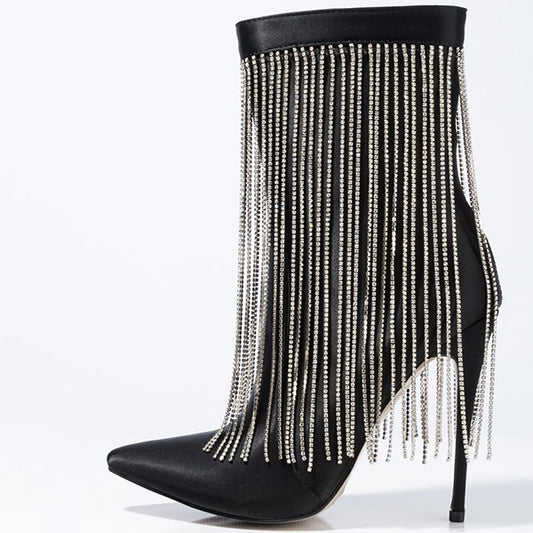 Black Satin Chains Fringe Stiletto Heel Ankle Boots