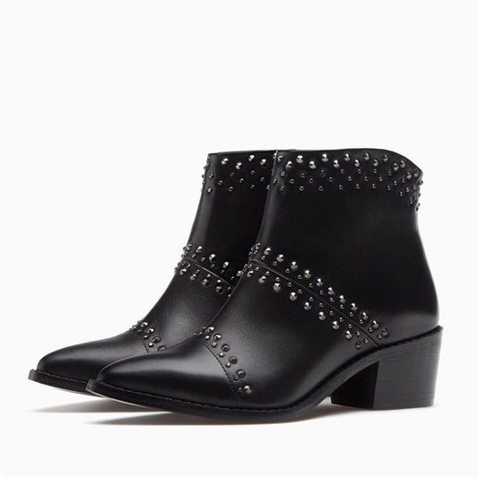 Black Studs Block Heel Ankle Boots