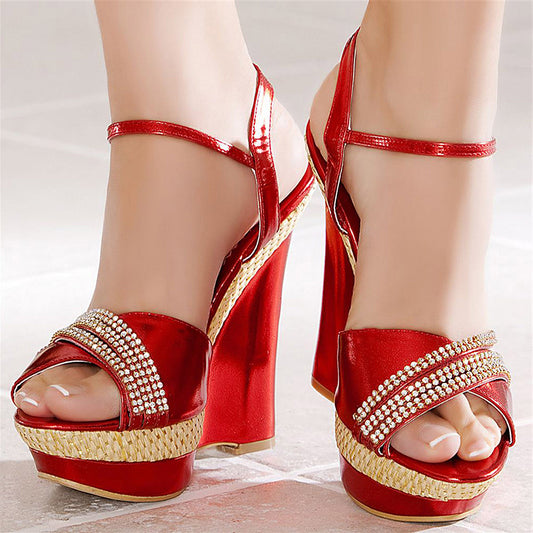 Red Platform Sandals Peep Toe Rhinestone Party Woven Wedge Heels
