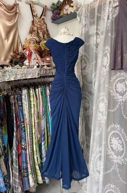 Vintage Navy Blue Ruched Sleeveless Maxi Prom Dress Sheath Evening Gown TP5154