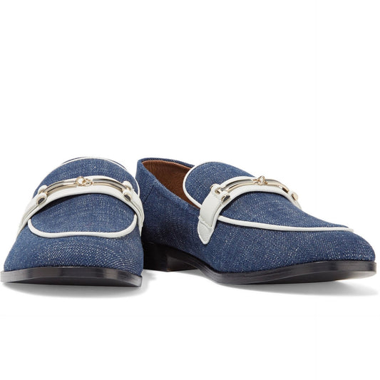 Navy Denim Square Toe White Strap Flat Women's Loafers