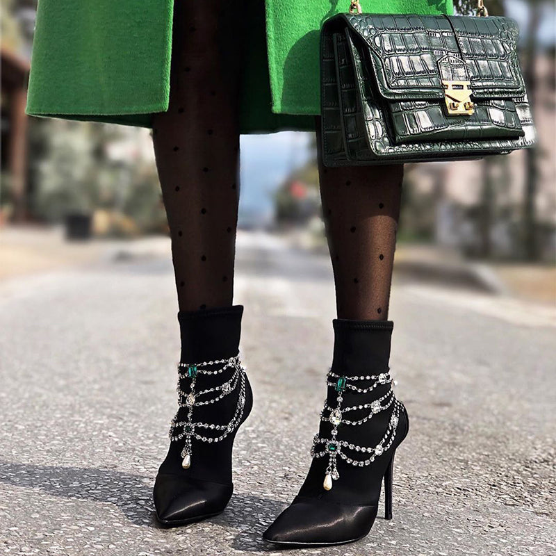 Black Satin Booties Faux Crystal Chain Stiletto Heel Ankle Boots